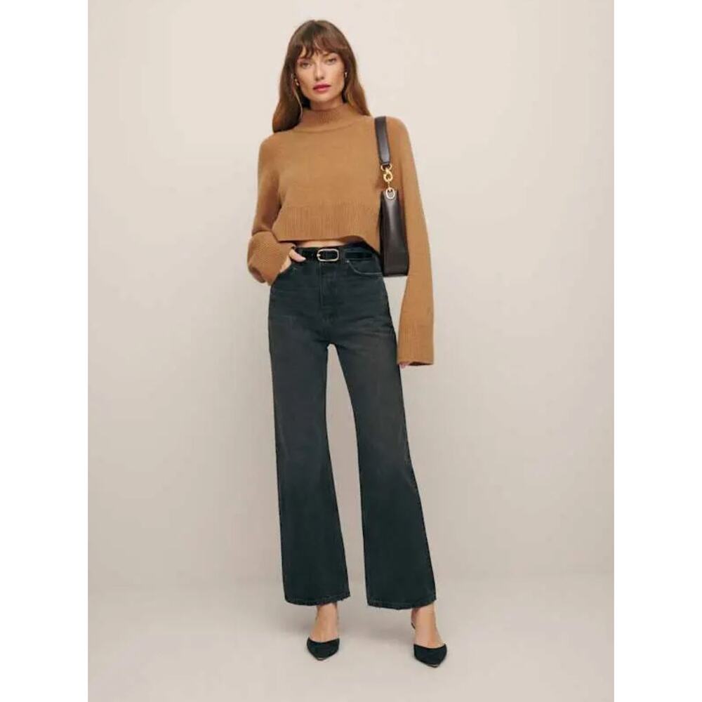 Reformation Wilder High Rise Wide Leg Cropped Jeans US 27 Rigid Black Denim - Picture 3 of 13
